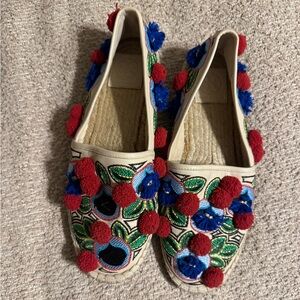 TORY BURCH ELLIS POM POM ESPADRILLE LEATHER FLAT MULTICOLOR EMBROIDERY SZ US 9